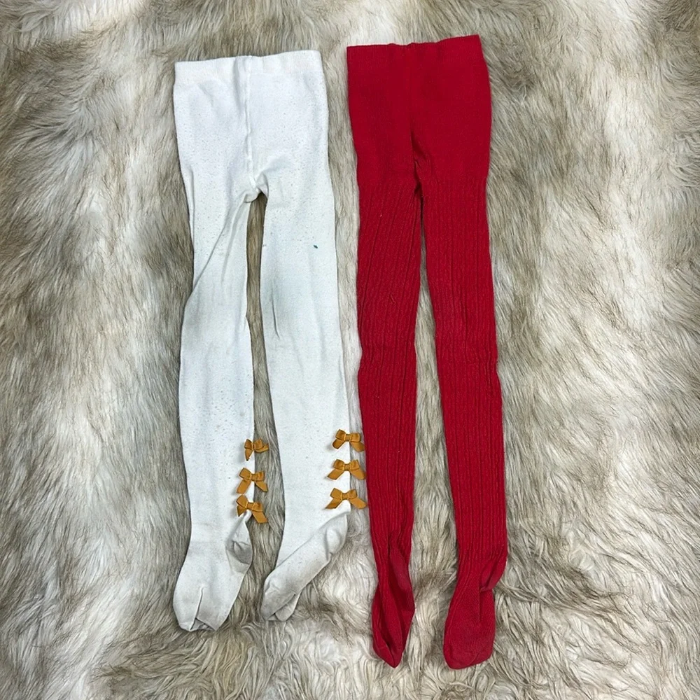 Size 4-5 Janie and Jack Red and White Tights with Bow detail Set